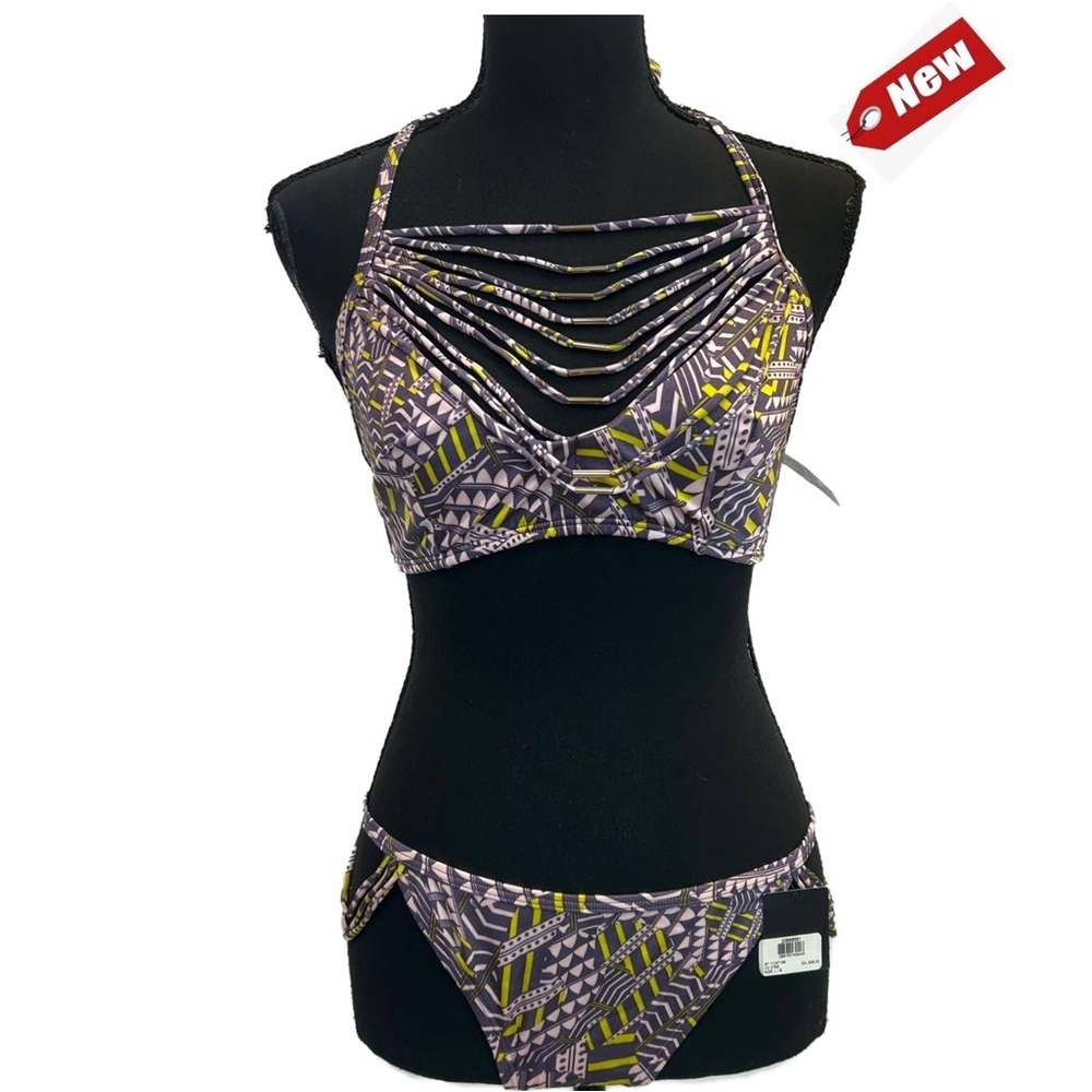 Victoria’s Secret purple pink green printed embellishment halter top bikini NWT